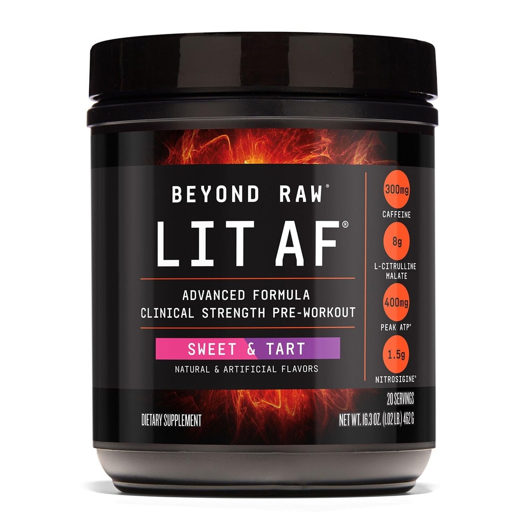 BEYOND RAW LIT 高级工作前公式 Sweet and Tart,用于能源,焦点,耐力,泵,有300mg快速和定向释放咖啡因,Creatine,Betaine,Beta Alanine,Tourine,20个服务