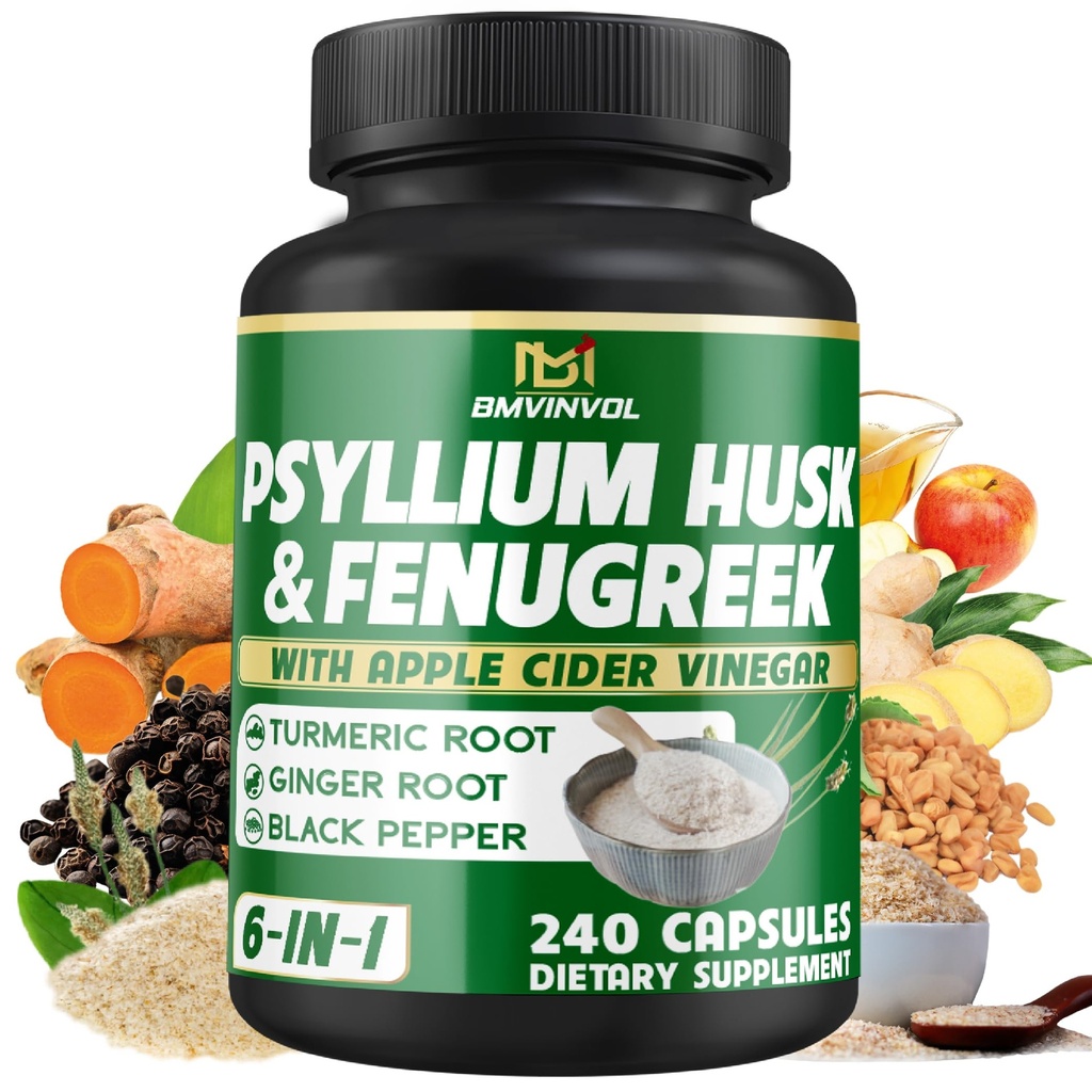 BMVINVOL Psyllium Husk Fiber 配有 Fenugreek, Apple Cider Vinegar, Turmeric, Ginger, Black Pepper - 文摘健康支持 - 240 Capsules