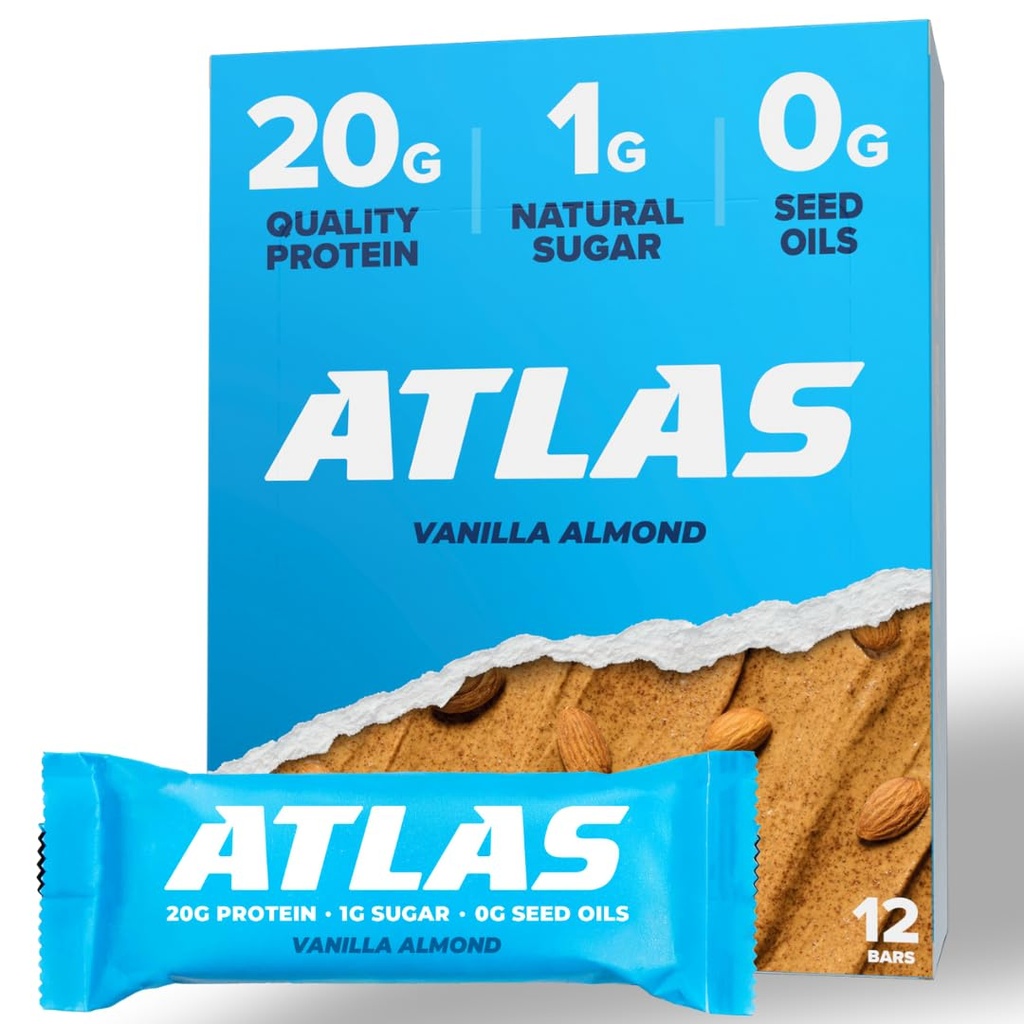 Atlas Protein Bar, 20g Protein, 1g Sugar, Clean Ingredients, Gluten Free, Vanilla Almond (12 Count, Pack of 1)
