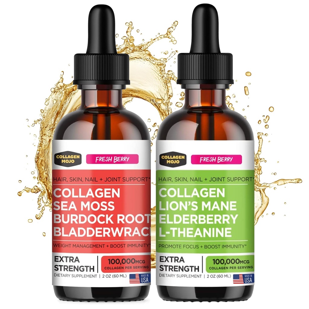 Collagen Mojo 液态Collagen Peptides with Sea Moss, Burdock Root & Bladderwrack + 液态Collagen Peptides with Lions Mane Mushroom, 老年莓 & L- Theanine 等 液态Collagen Peptides 与海蚊, Burdock root & Bladderwrack + 液态Collagen Peptides 与 狮子马内蘑菇, 老年莓 & L-Theanine 等
