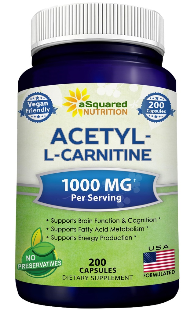 aSquare 营养乙酰L-Carnitine 1000mg 最大强度 - 200 Veggie Capsules - 高剂量乙酰L Carnitine HCL(ALCAR) 补充药 支持纯能,脑功能和脂肪酸