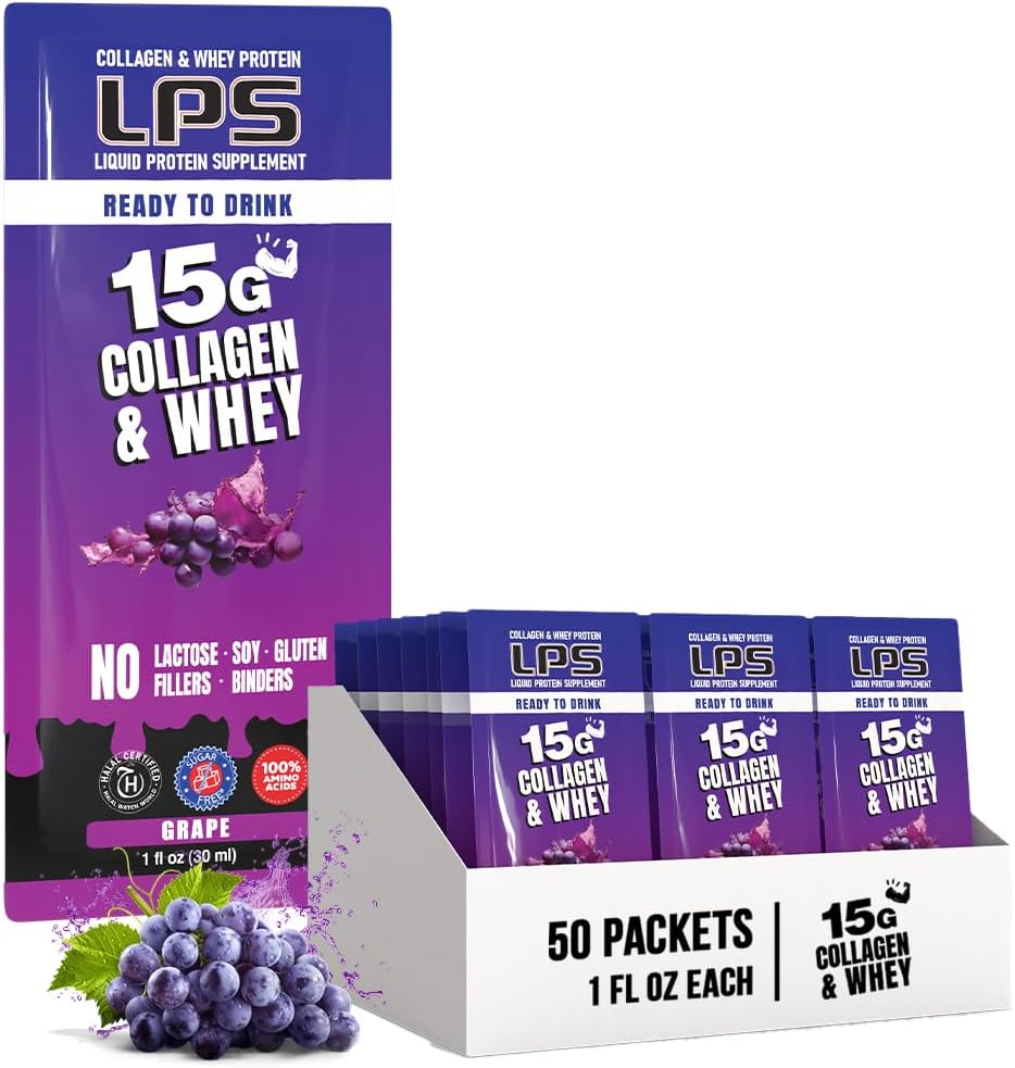 营养设计 LPS 液体Colagen & Whey蛋白补充剂 - 非GMO 饮料,无糖 - 促进男女健康皮肤和头发,葡萄,单一服务(50包)