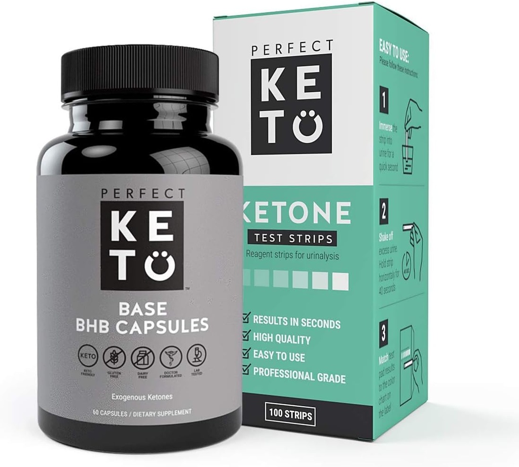 完美 Keto 外源性 Ketones Base BHB 补编(60 Capsules) - Ketogenic 饮食支持 重量管理, 能量和焦点 - Ketosis Beta-Hydroxybutyrate 与 (100 pcs) Keto Straps Bundle 并存