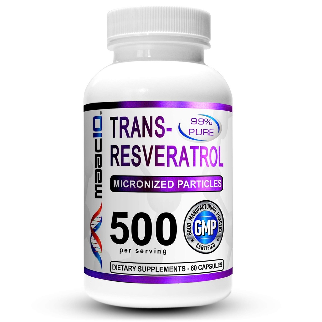 MAAC10 Trans Resveratrol 500mg 补充品(99%纯度 Trans-Resveratrol 提取物 + BioPerine 用于高级吸收)(2X 250mg Capsules 60ct)