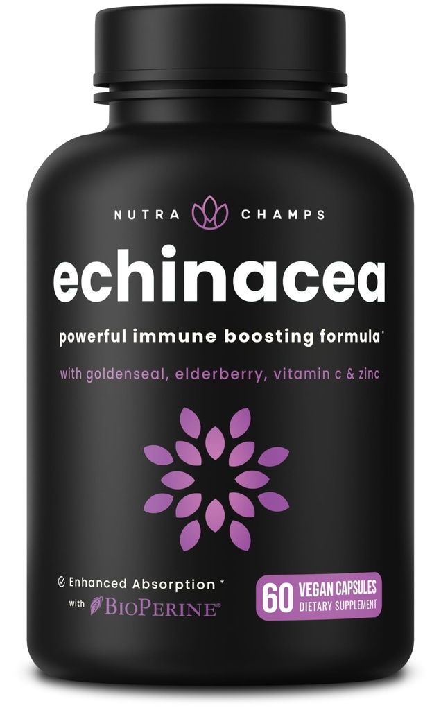 NutraChamps Echinacea Capsules 1000mg - 8-in-1 免疫支持补编 - Echinacea Goldenseal,维生素C,锌,姜,老莓 - 60 capsules