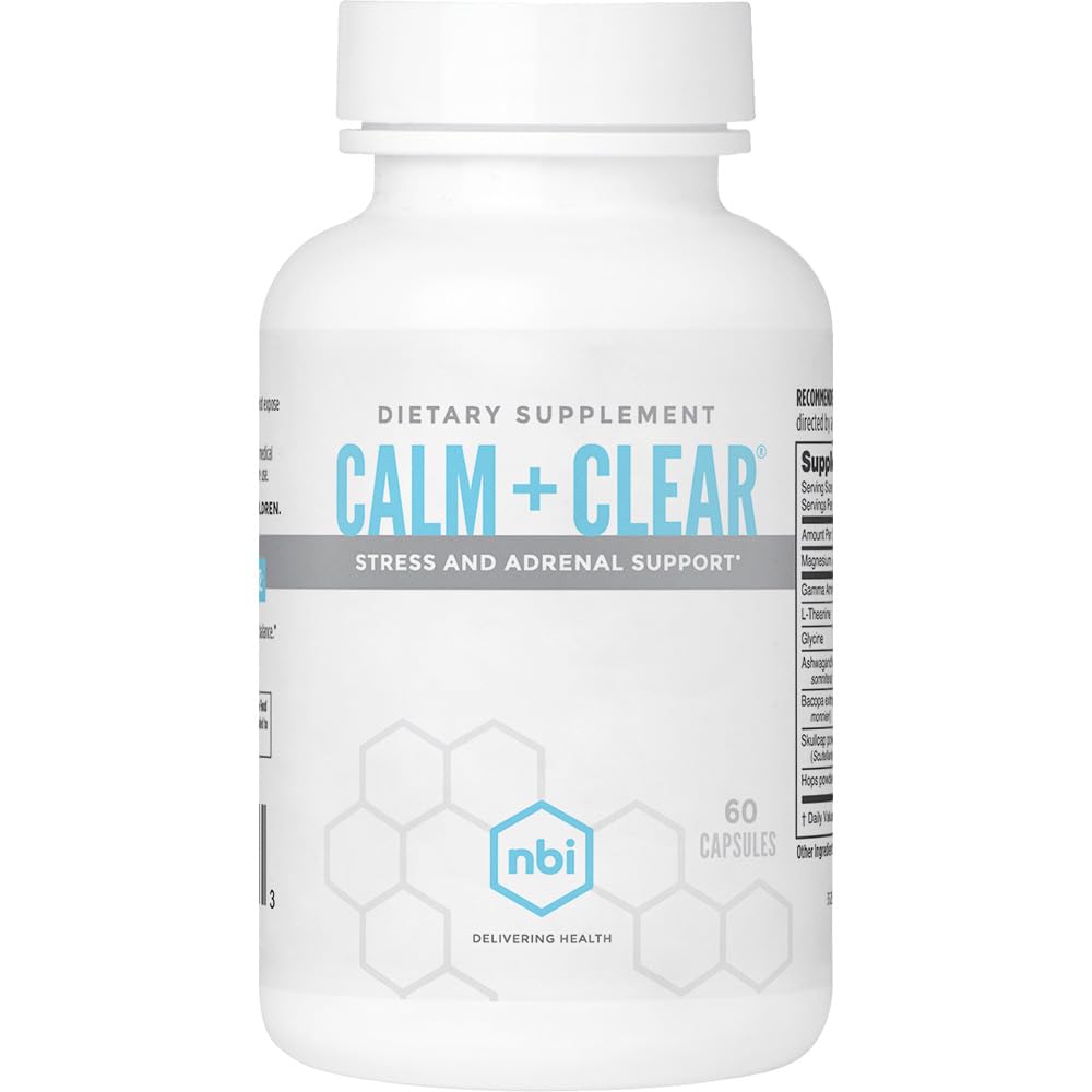 NBI calm + Clear Mood and focus 支持 + 天然压力和肾上腺支持 + 镁, GABA, Ashwagandha, L- Theanine, Glycine, Bacopa, Skullcap, 和 Hops Powder + 60 Capsules
