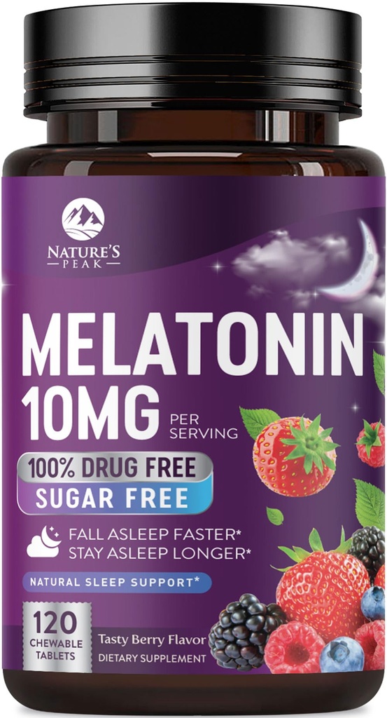 Melatonin 10mg 快速溶解补充剂 成人睡眠支持补充剂 - 额外力量 10 mg Melatonin 平板物质 休息支持,草莓火焰,无糖非GMO - 120天供应