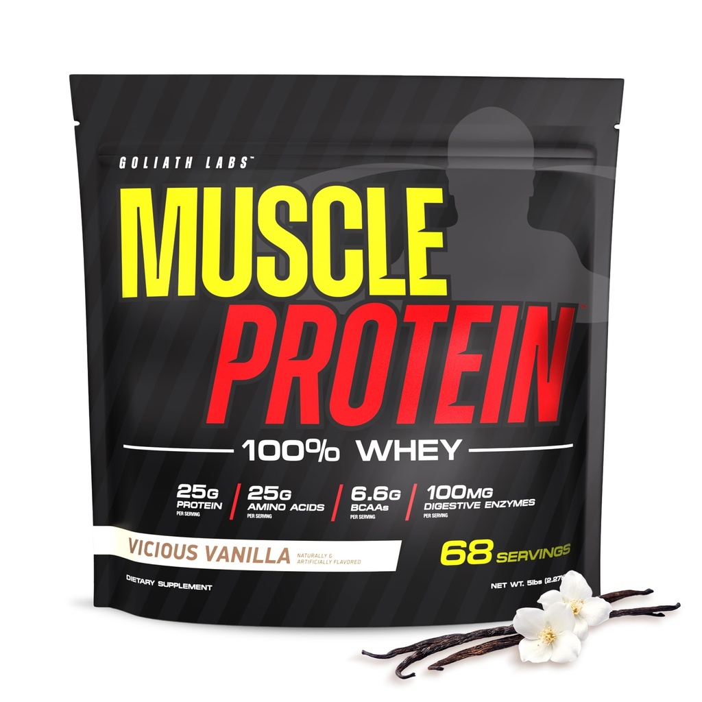 COLOSSAL LABS Muscle Protein Whey Powder [5 lbs/Pack of 1]– Cold Filtered, 25g Pure Protein, 6.6g BCAAs (Packaging May Vary) (5LB, Vanilla)