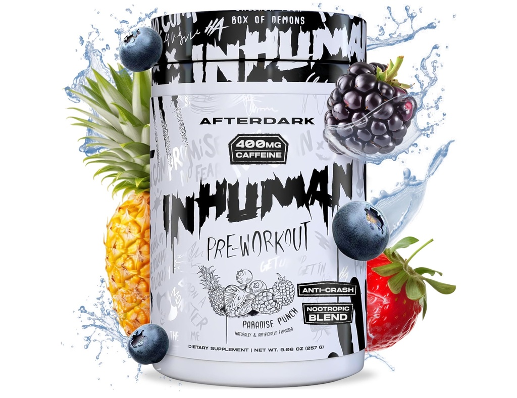 AFTERDARK INHUMAN 工作前粉,增强心肌连接,持续能源,Potent Nootropic Blend, Vegan, Gluten - Free, Soy - Free, 400mg Cafeine, No Crash, Paradis Punch
