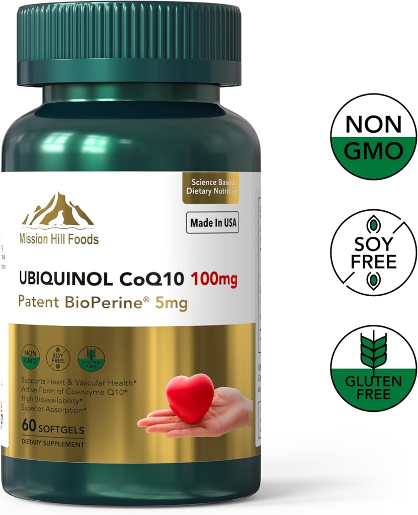Ubiquinol Premium Ubiquinol CoQ10 + BioPerine (100mg) + 抗氧化剂促进心脏健康(1瓶-60软胶-2mo 供给) → 高吸附性心和血管维生素 → + 非GMO和Gluten Free