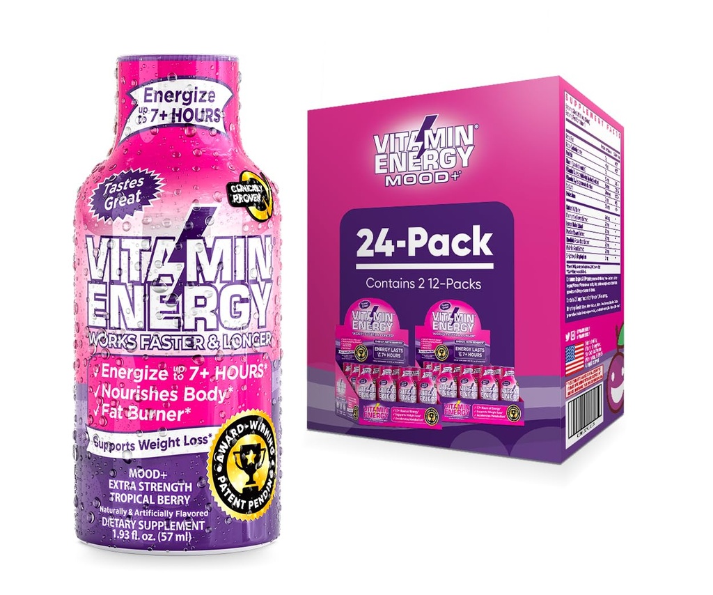 维他命能源 Mood+ Energy Shot – 热带Berry – 100% DV B-Vitamins & 260mg 植物基咖啡因 – 零卡路里,无糖,维冈,非GMO – Mood & Energy Support – 1.93 fl oz, 24 Pack