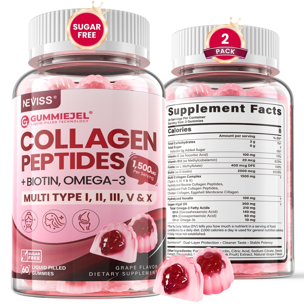 水解Collagen Peptides, 供男性使用的海洋固醇, 毛发生长用的多Collagen I II III V & X型, 健康皮肤钉-Collagen Gummy w/Hair维生素 Biotin Keratin & Vitamin D3, 120Cts