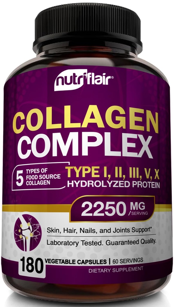 NutriFlair 多孔霉素 2250mg - 类型 I, II, III, V, X - Collagen 补充 复杂粉末药丸 男女 - 水解蛋白,健康头发,皮肤,钉子 - 非GMO(180卡普尔)