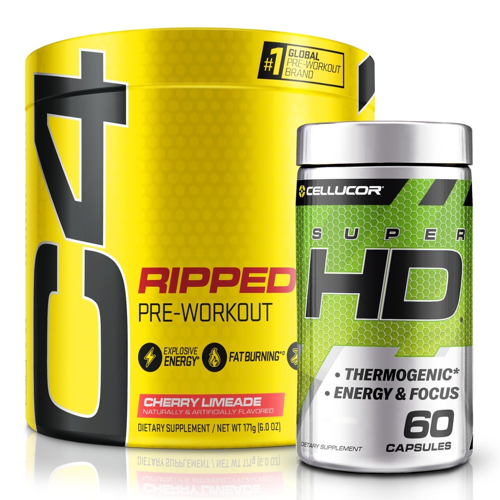 C4 Riped & SuperHD, The热源包, C4 Riped Pre Working Powder, Cherry Limeade 30 配有 Capsimax 和 Green Tea 提取器的 SuperHD, 60 服饰