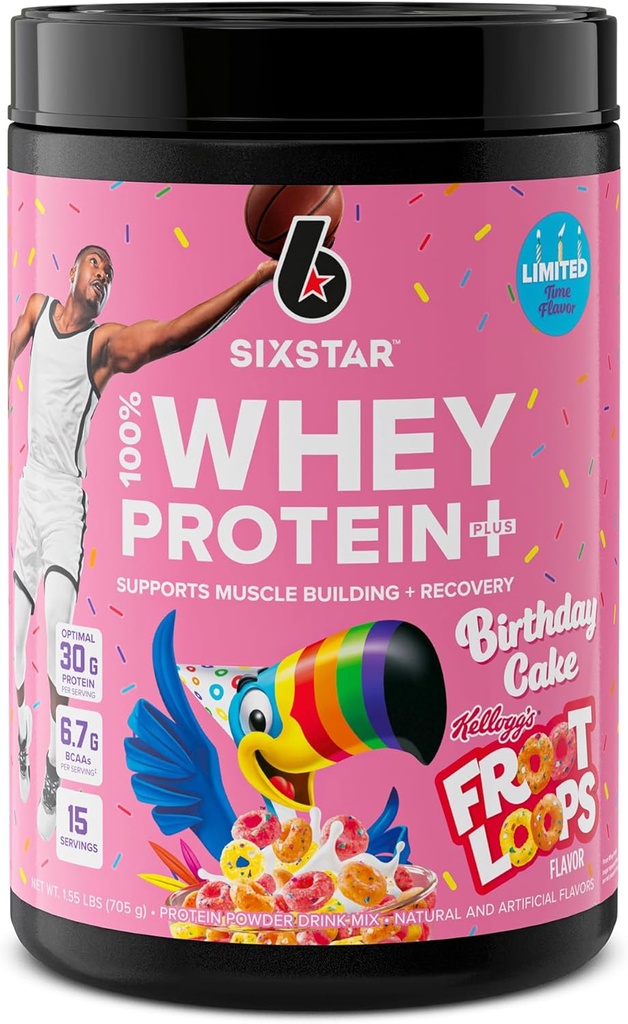 Six Star Whey蛋白蛋白 Plus + X 肌肉建筑与复苏 Plus Immune 支持 + X 肌肉建筑 男性与女性 Kellogg 的 Froot Loops 生日蛋糕 Flavor + 1.5升b