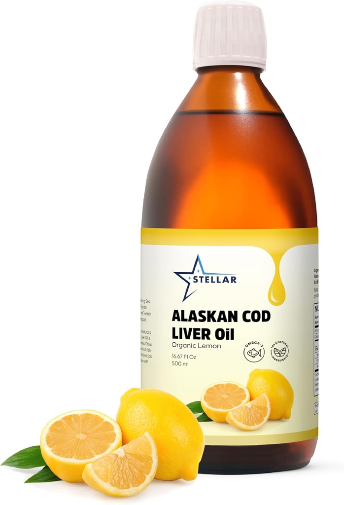 Stellar Alasgan Cod Liver Oil - Organization Lemon, 16.67 oz |美国野生动物 |富人 Omega-3 DHA/EPA & Vitamin D | Non-GMO认证 |支持心脏,大脑和免疫健康