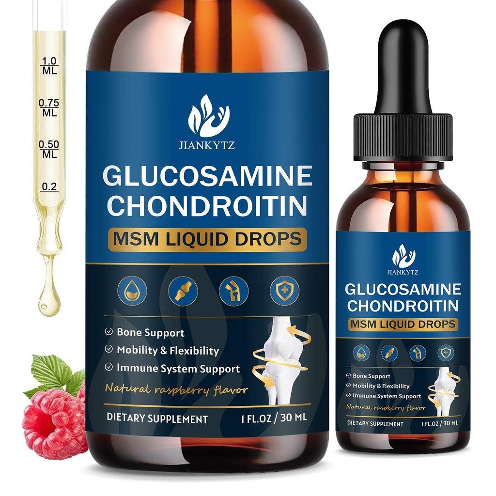 (2 Pack) Glucosamine Chondroitin MSM 液滴,高吸收,抗氧化剂,免疫,骨支持,MSM 男女补充,Vegan,无糖,Raspberry Flavor, 1 Fl Oz