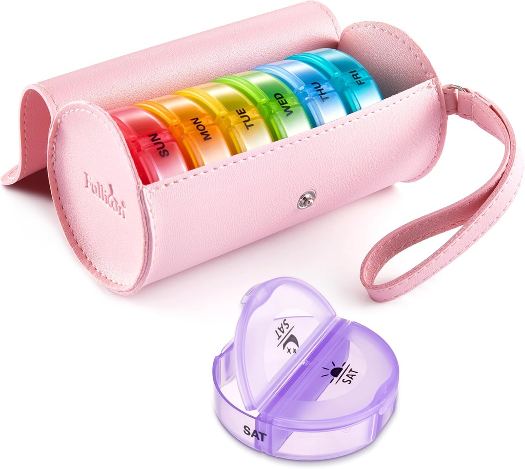 Fullicon PU Case Weekly Pill Box organizer 2 Times A Day, 旅行7天 Pill Boxes, 便携式药片 药物 维生素 鱼油补充剂(Pink/Rainbow)