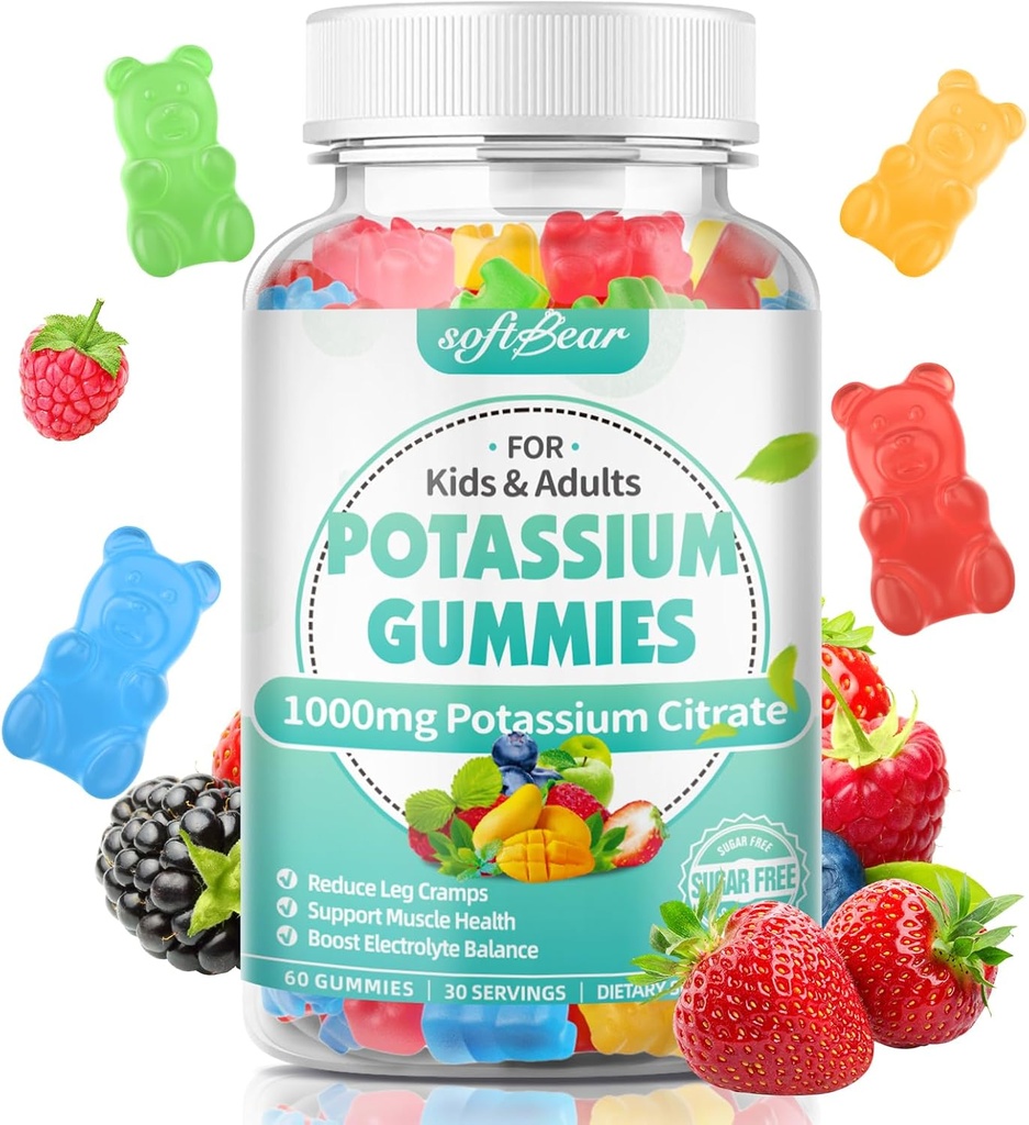 软熊 Potassium Citrate Gummys, 高钾 Potasium Citrate 1000mg 支持腿切片和肌肉 健康 Potasium Gummys 成人与儿童 混合水果火焰 60 计数