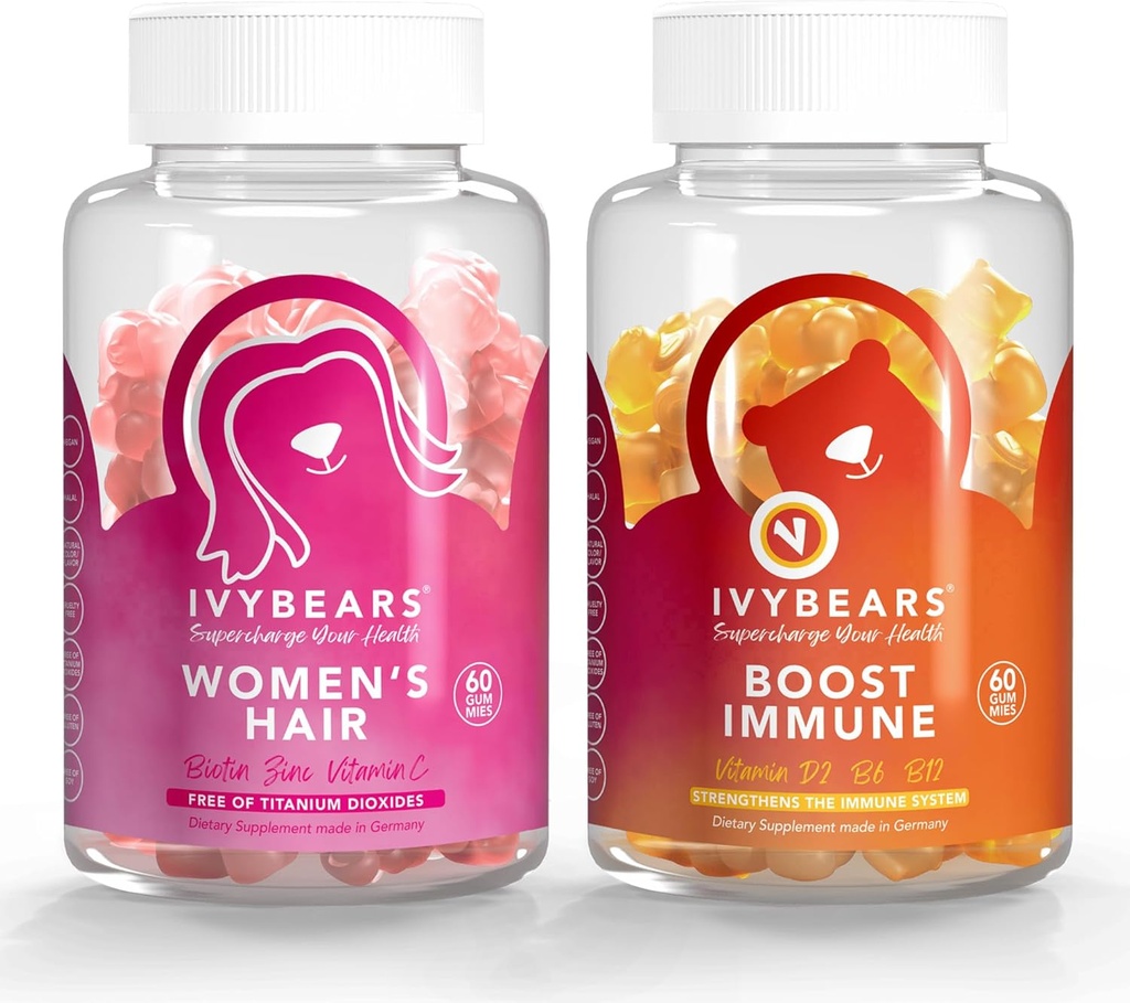 常春藤(IvyBears) 女性头发和免疫支持包 – 生素头发生长包 + 日用维生素C, D, Zinc – Vegan, 2-Pack