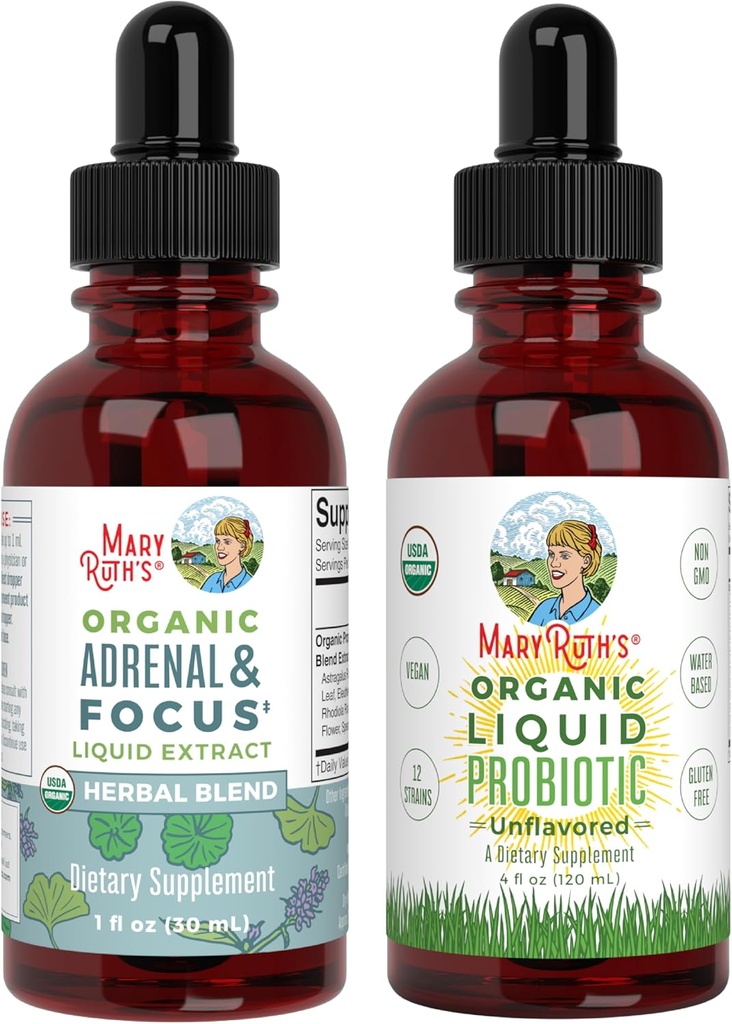 MaryRuth Organics Probiotic Supplement for Women Men Kids & Adrenal Health & Focus Supplement, 2-Pack Bundle, Digestive & Gut Health, Cortisol Health, Stress Relief, Focus Nootropic Brain Supplement