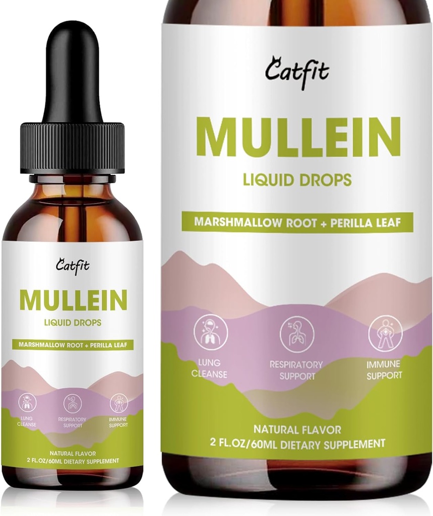 Mullein Drops for Lungs – Mullein 叶片提取法,配有马什麦洛根,Perilla & Astragalus 供呼吸支持,Imune Boost & Lung Detox,天然草药配方,Vegan, 2 fl oz