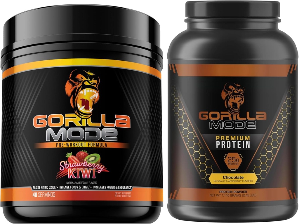 Gorilla Mind Pre Workout (Strawberry Kiwi) + Premium Whey 蛋白质(焦油) - 燃料加载最大结果的综合堆栈