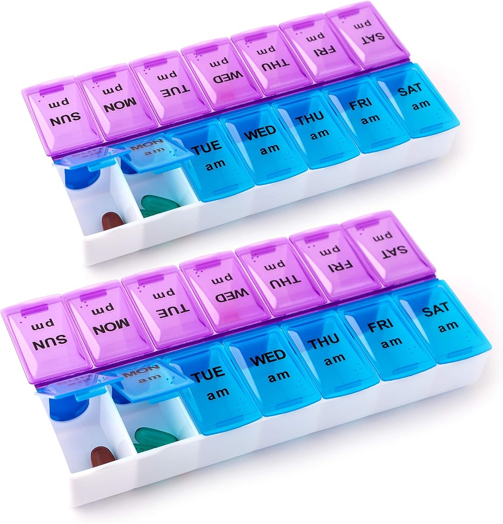 Deke Home - 药丸组织者 2 Times a Day(2 Pack),每周AM PM Pill Box, 7日早夜药剂组织者, BPA - Free Daily Vitamin Contain, Easy Open Travel Pill case, 7.8"x3.6"x1.3"