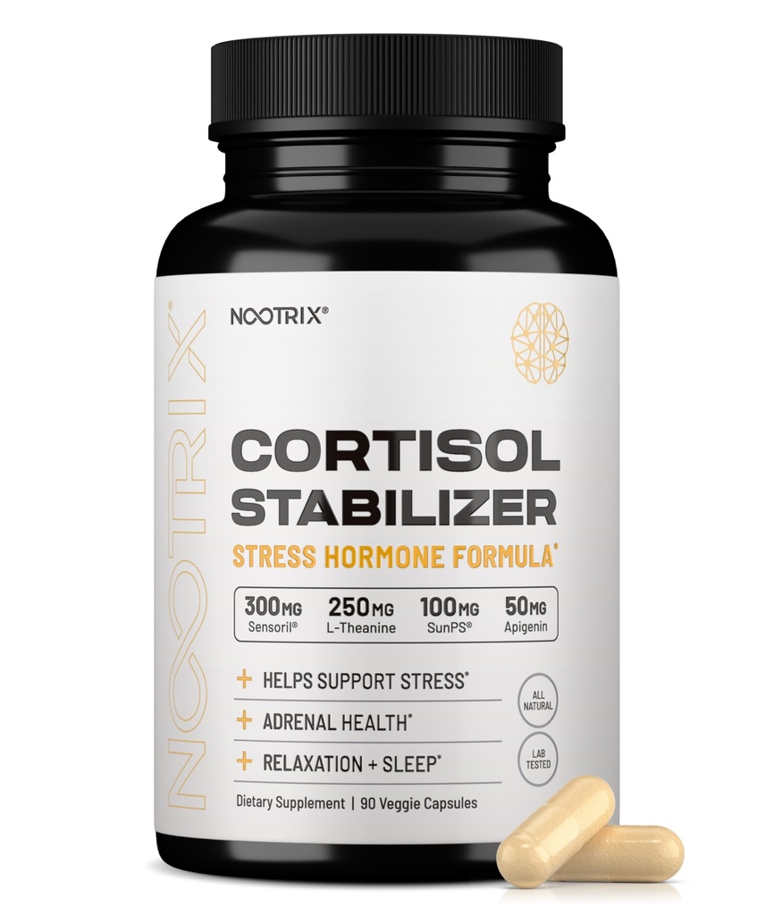 Nootrix Cortisol 管理器 & Stabilize Supplement + 支持深睡,放松,肾上腺健康与压力 + 300 mg Ashwagandha → L- Theanine, Rhodiola Rosea 提取 & Apigenin → 90 Capsules