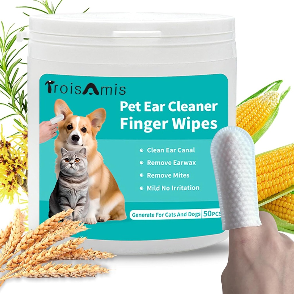 TroisAmis Pet Ear Ear 清洗狗和猫的手指擦拭, 厚的狗耳朵擦拭, 带有优雅和天然成份的擦拭, 删除 Earwax, Deodorize-Relieve Ear Itch & Infmation-50
