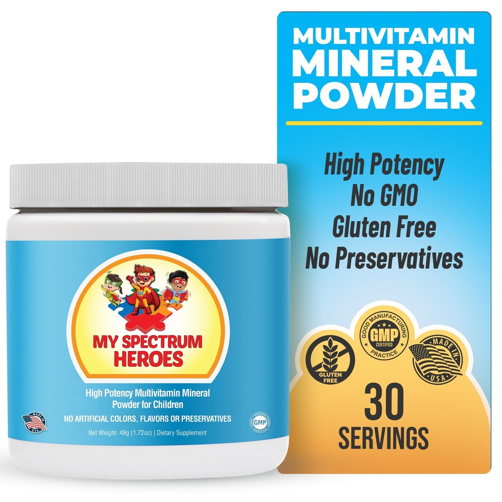 我的Spectrum Heroes Kids Powder Multivitamin - 粉末补充,更好的吸收,非GMO,非Gluten,无人工成分 - 儿童在Spectrum上的神经帮助 - 30 services