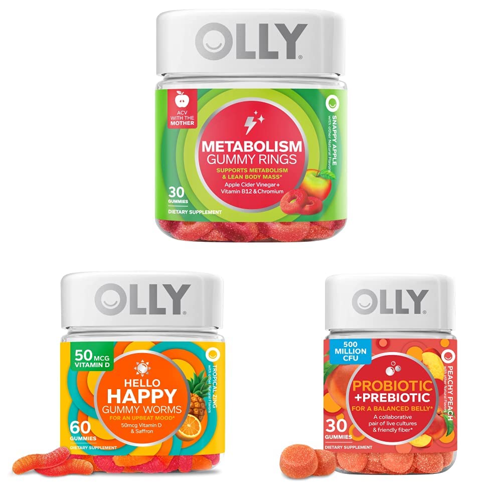 OLLY Metabolism Gummy Rings, Apple Cider Vinegar, Vitamin B12, Chromium, Energy and Digestive Health, Chewable Supplement, Apple Flavor - 30 Count and OLLY Hello Happy Gummy Worms, Mood Balance Support, Vitamin D, Saffron, Adult Chewable Supplement, Tropical Zing - 60 Count