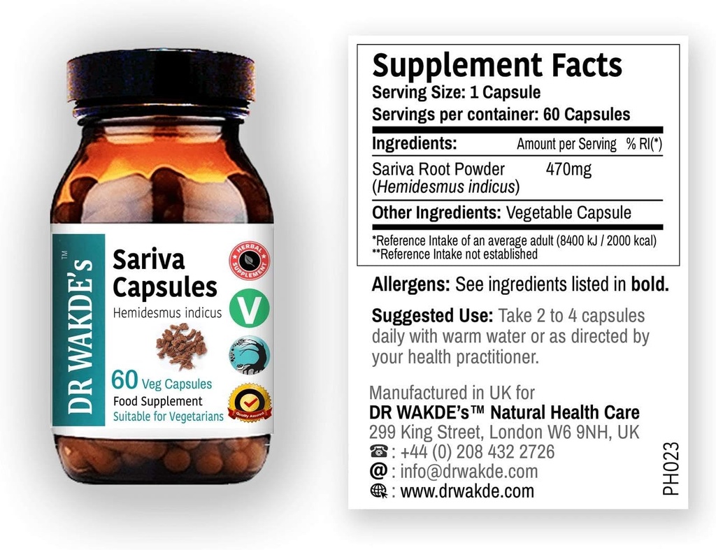 WAKDE的Sariva Capsules (Anantomolola | Hemidesmus indicus) – 60 Veg Caps – Ayurvedic 补充 → Vegan 100% 草药 → 数量折扣 – 同一天发送