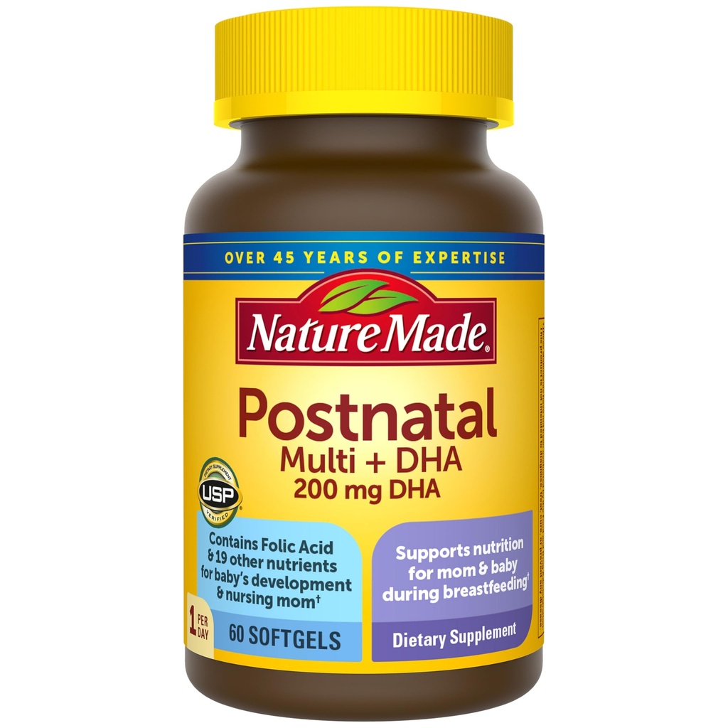 Nature Made Postnatal Multivitamin + DHA 200 mg, Postnatal Vitamins for Women, Includes Iron, Vitamin D3, Calcium, Iodine & More for Breastfeeding Moms, 60 Softgels