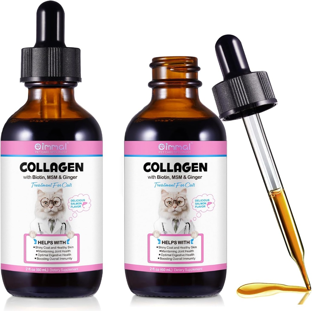 用于猫类、有生物素的猫类科拉根液滴、MSM和Ginger 消化和免疫支持、除痒、皮肤和煤以及联合健康,猫类补充60ml - 2pcs