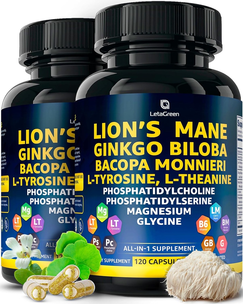 有机狮子玛恩补充卡普尔(Capsules) - 240 真正的蘑菇 狮子玛恩 Capsules with Ginkgo Biloba Herb, Bacopa Monnieri, L Theanine, L Tyrosine - 蘑菇综合症 日常健康