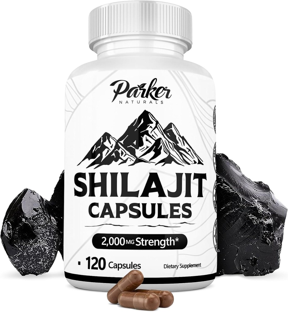 Parker Naturals Pure Himalayan Shilajit Capsules, 2000毫克 Shilajit Resin和富尔维奇酸补充剂,Vegan和Gluten-Free Capsules, 120 计数