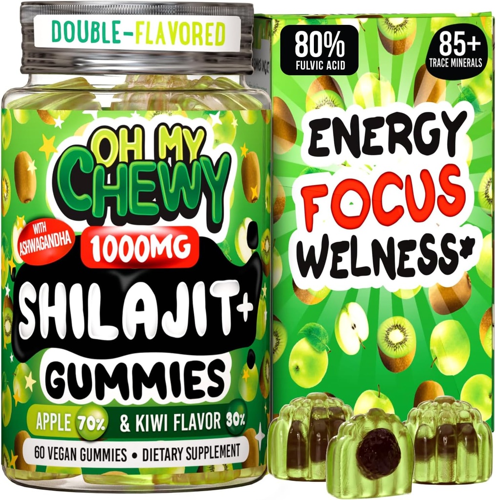 纯喜马拉雅省Shilajit Gummys - 高潜力金品级Resin - Ashwagandha和Shatavari为男女提供的能源促进和免疫支持 - Apple & Kiwi