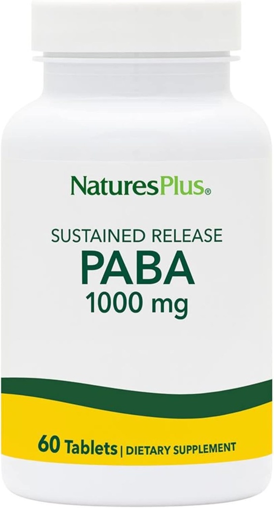 Natures Plus PABA, 持续释放(第1段-氨基苯甲酸) - 1000毫克,60个蔬菜片 - 皮肤健康支持补充剂,促进能源生产 - 无葡萄糖 - 60种服务