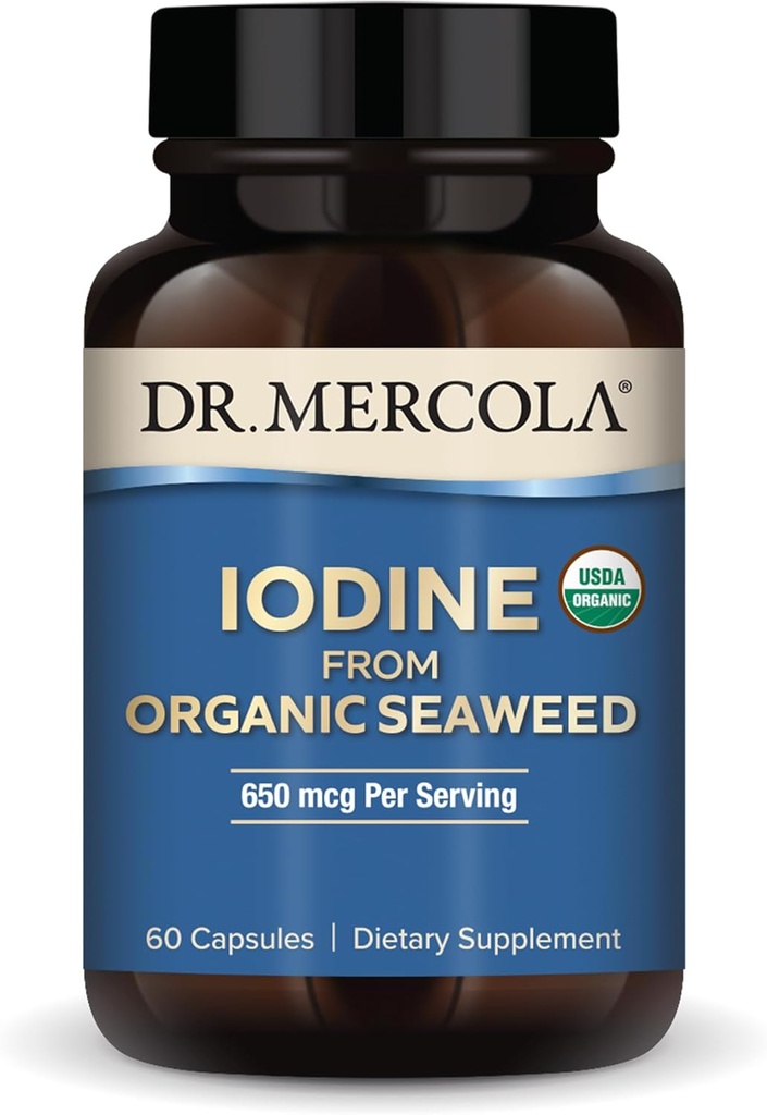 Mercola Iodine博士,来自有机海藻,650 mcg Pervice,30名服务者(60名卡普勒斯),膳食补充剂,甲状腺素和能量支持,非GMO,USDA有机