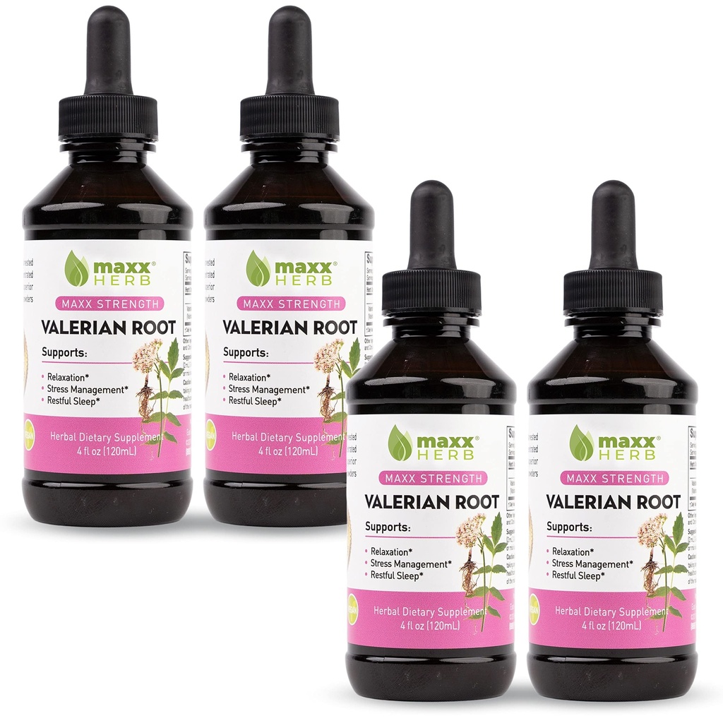 Maxx Herb Valerian 根提取器 - Max 强度,液态Valerian 根吸积比Capsules更好,用于放松和休息,无酒精 - 4瓶,4 Oz Each (240 services)