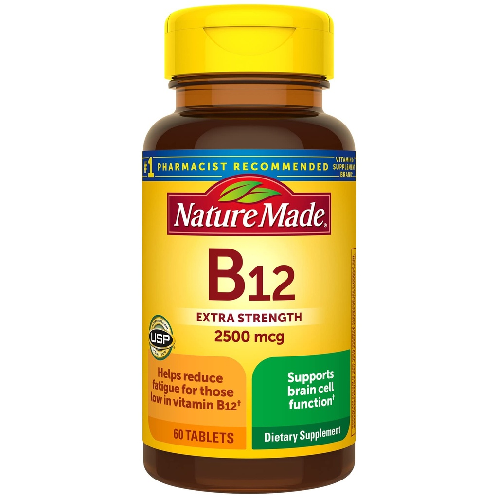 自然制造超强维生素B12 2500 mcg,能源代谢支持的饮食补充,60平板,60天供应