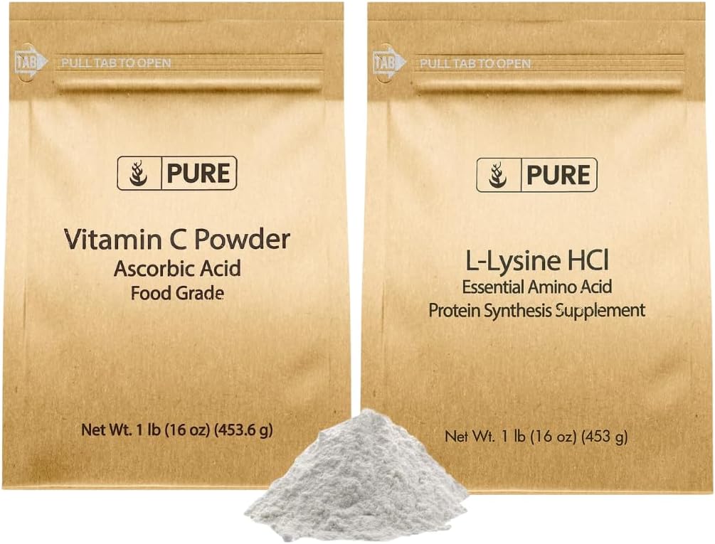 L-Lysine HCI和Vitamn C粉盒,每个1磅,非GMO,Gluten Free,饮食补充