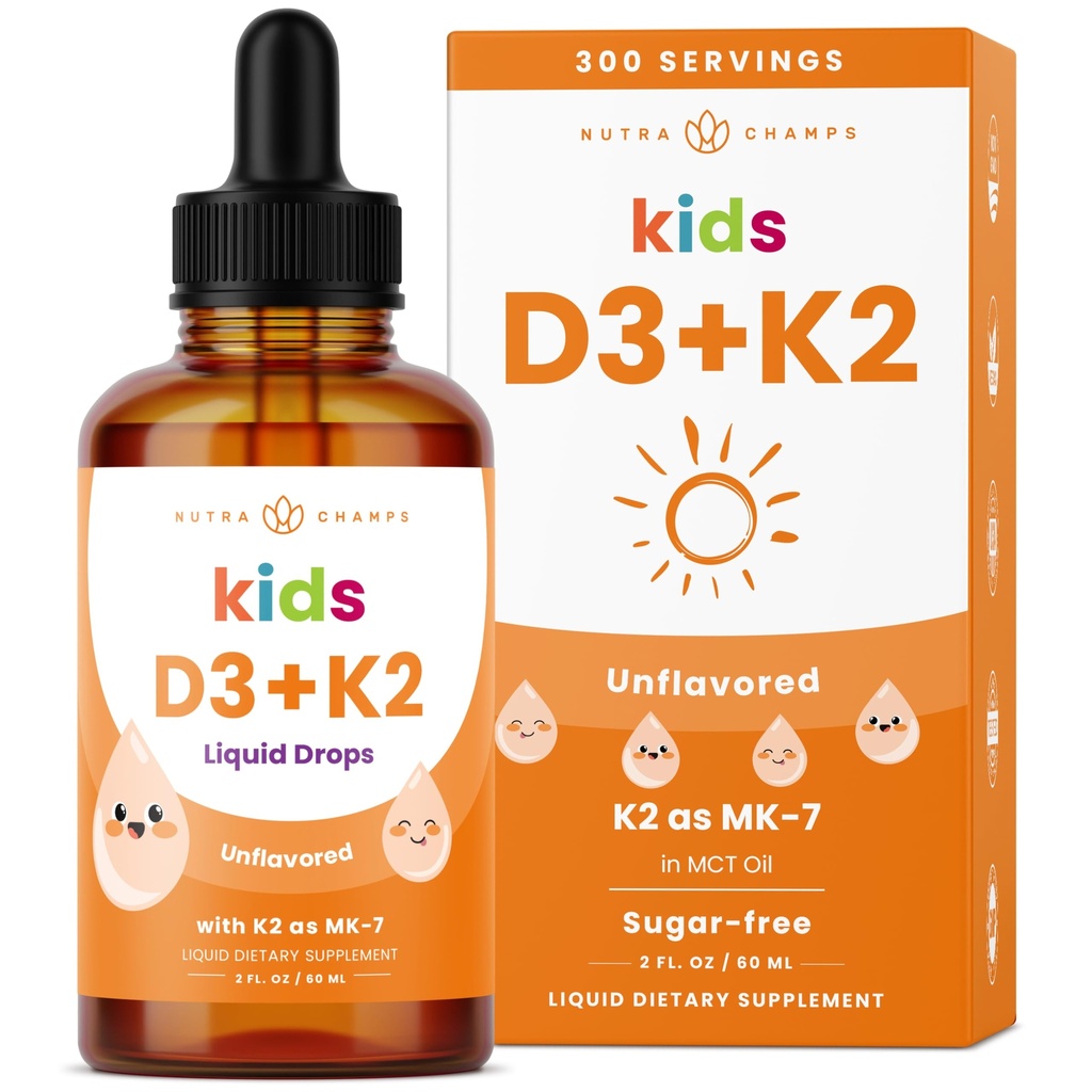 NutraChamps儿童维生素D3 K2滴,维生素D3 & K2 MK-7,儿童液体维生素D1000 IU,健康骨骼,心脏与免疫系统,托德勒斯无糖补充,300服务