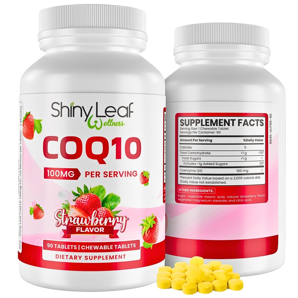 Shiny Leaf CoQ10 100mg - Chewable CoQ10 补编 - Coenzyme Q10 心脏健康与能量 - Natural CoQ 10 心血管健康补编 - 100mg Chewable Tablets, 90 Tablets, 制造于美国