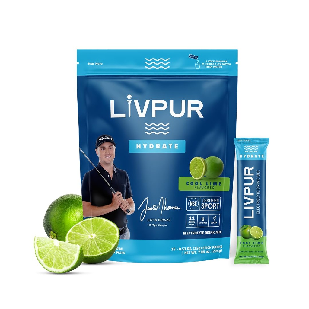 LivPur 电解质饮料混合剂 含维生素C, B6, B12和基本氨基酸用于肌肉支持和免疫健康, 运动基本原理, 酷莱姆火焰, 15个棒包