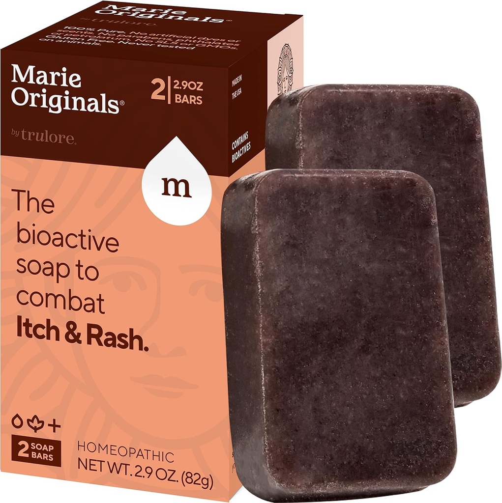 Marie Originals Itch Relief Soap Body Wash Bar - All Natural Instant Relief from Insect Bites, Chicken Pox, Chiggers and Other Skin Irritations ie. Anti- Itch Calming Soap (2 Pack)