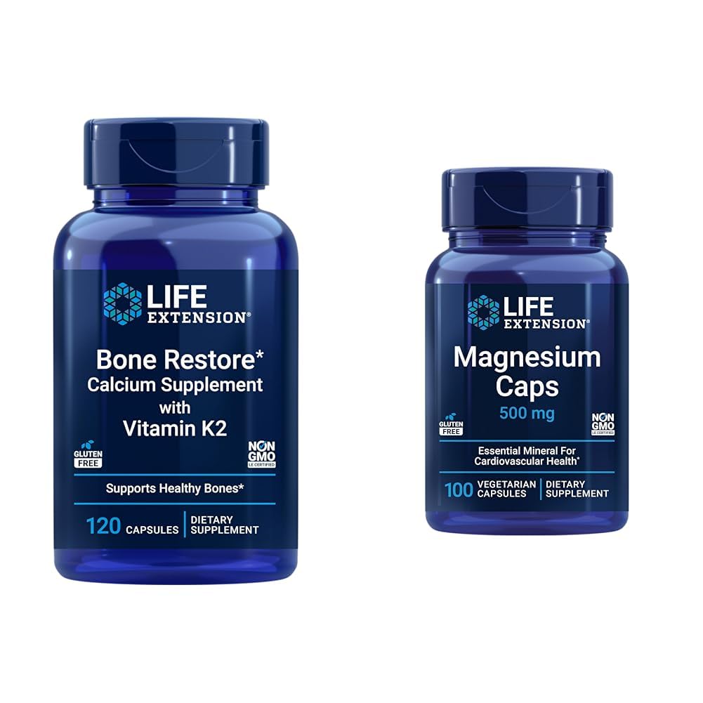 Life Extension Bone Restore + Vitamin K2 Vitamins & Minerals Maintain Bone Health & Strength & Magnesium Caps, 500 mg, Magnesium Oxide, Citrate, Succinate, Heart Health, Healthy Bones