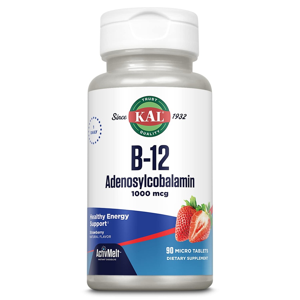 KAL 维生素 B12 阿登诺西尔科巴拉明 1000 mcg - B 12 维生素,活跃的B-12 1000 mcg 女性和男性,能量支持 - 草莓 Flavor - 90 ActiveMelt 微片