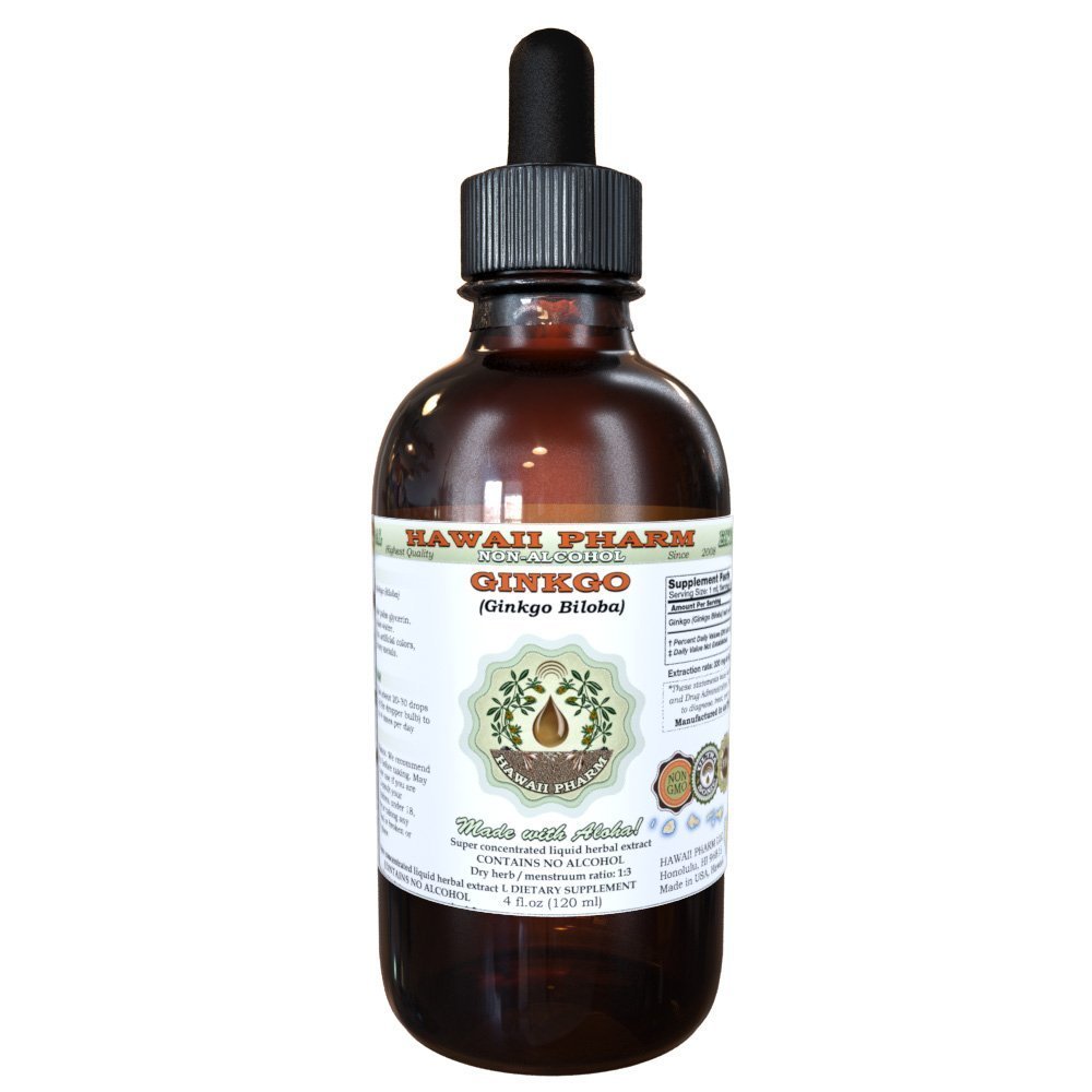 Hawaii Pharm Ginkgo Alcohol-Free Liquid Extract, Ginkgo (Ginkgo Biloba) Dried Leaf Glycerite Natural Herbal Supplement 4 oz
